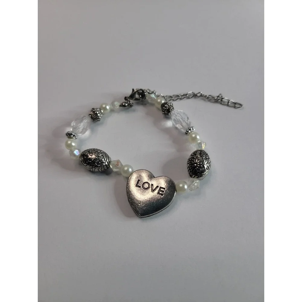 Silver-Tone Heart Charm Beaded Bracelet with Faux Pearls and Clear Faceted Beads